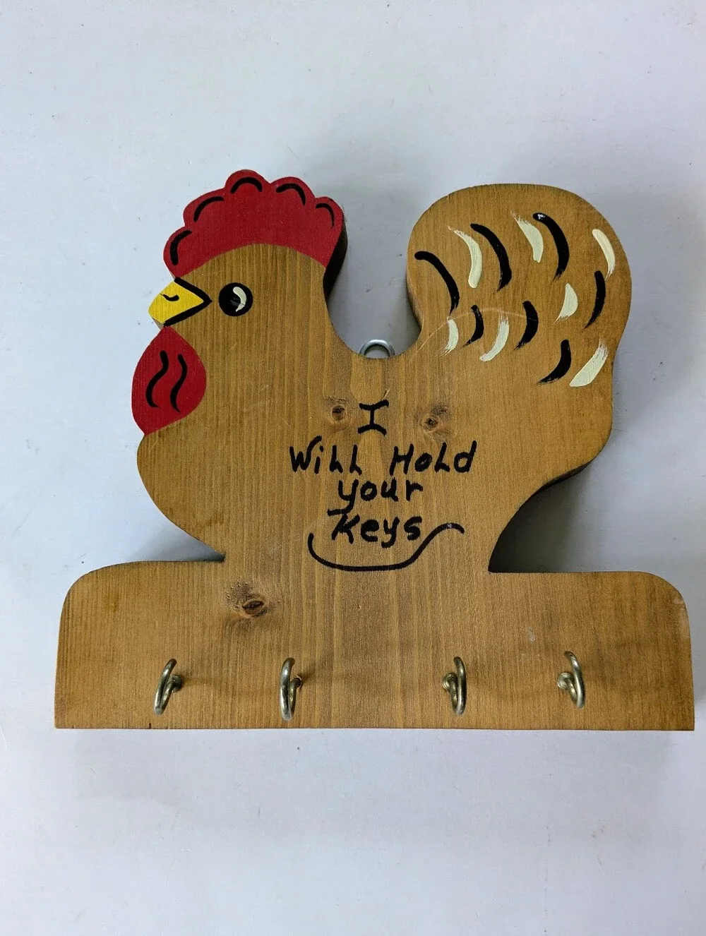 Key Holder Handmade Wall Decor Wooden Hen Rooster Four Brass Hooks